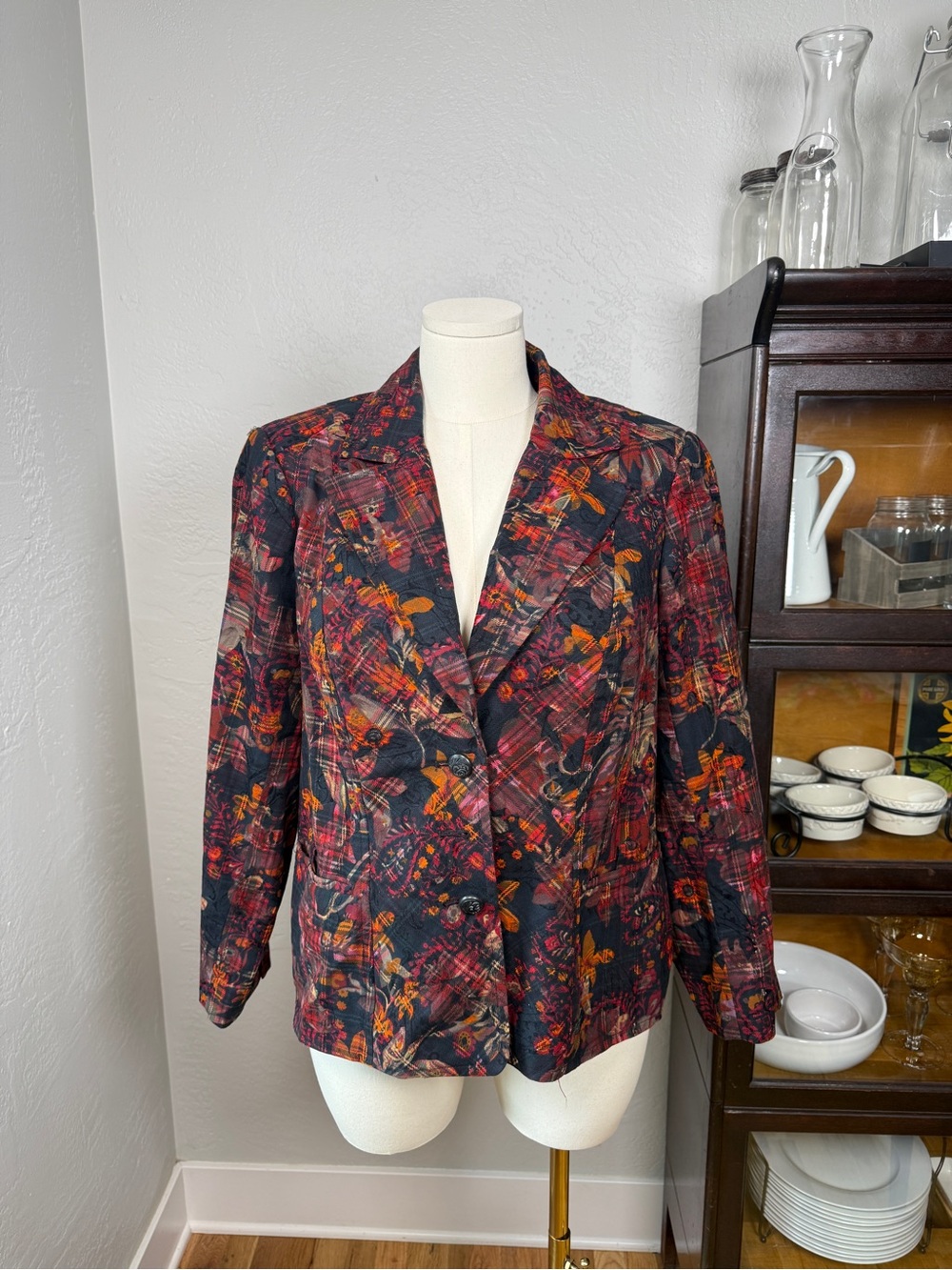 Coldwater Creek Floral Plaid Tapestry Blazer Jacket Cotton Vintage Look Size 18W